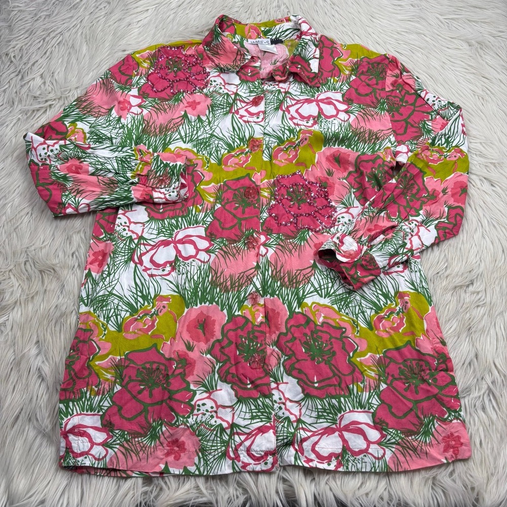 Jamie S Women's M Tropical Floral Beaded Button Front Tunic Top Resort Boho